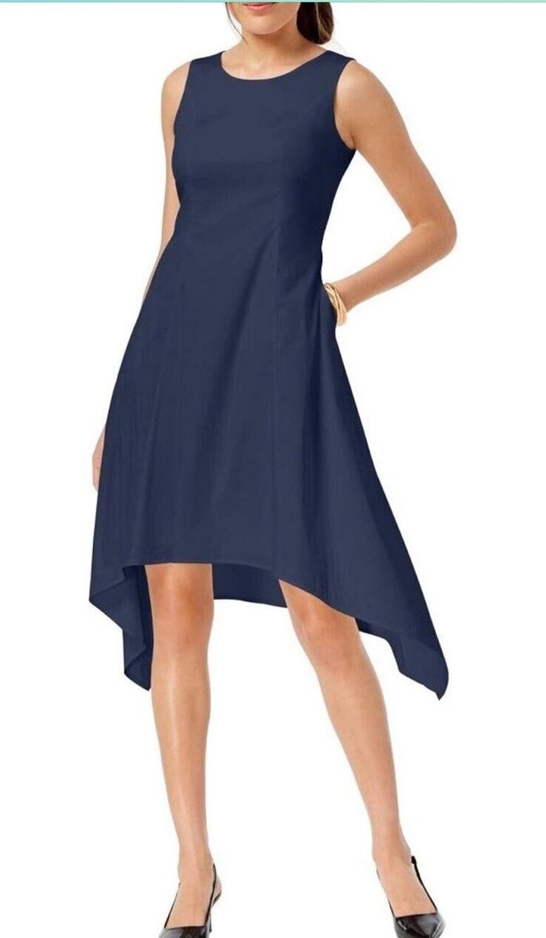 Alfani Womens Navy Blue Sleeveless Asymmetric Dress With Pockets Size 8